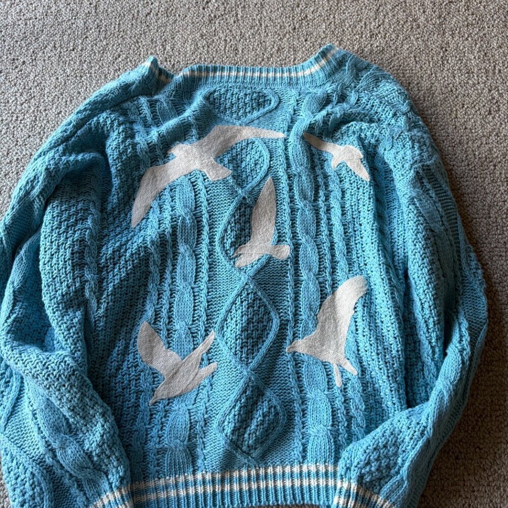 Cozy Swiftie 1989 Blue White Cable Knit Oversized Cardigan Sweater M/L Classic - Picture 7 of 9